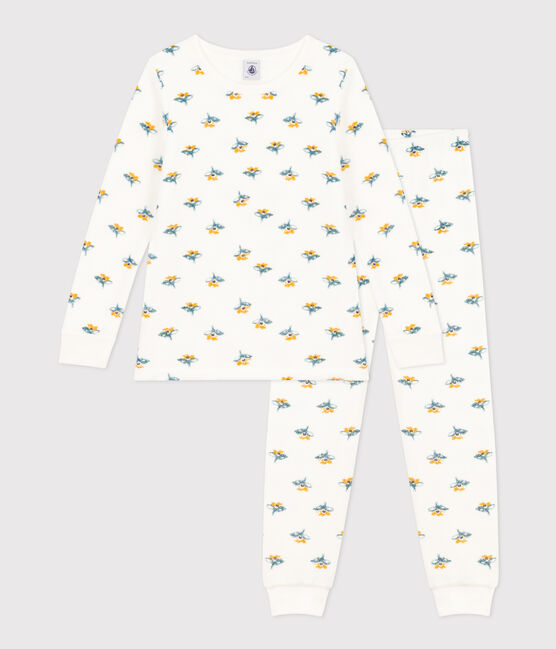 Meisjespyjama in bouclébadstof met bloemenprint wit MARSHMALLOW/wit MULTICO