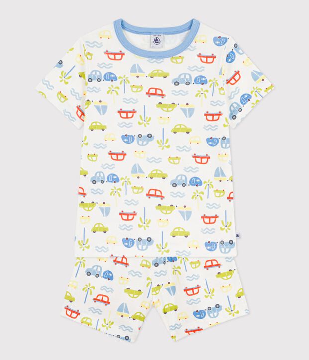 Katoenen korte kinderpyjama met autootjesprint wit/multicouleur