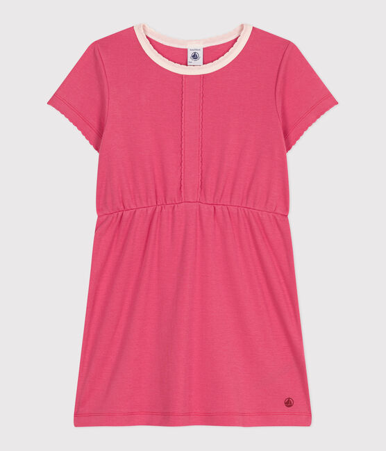 Robe enfant en coton manches courtes uni rose PEONIA