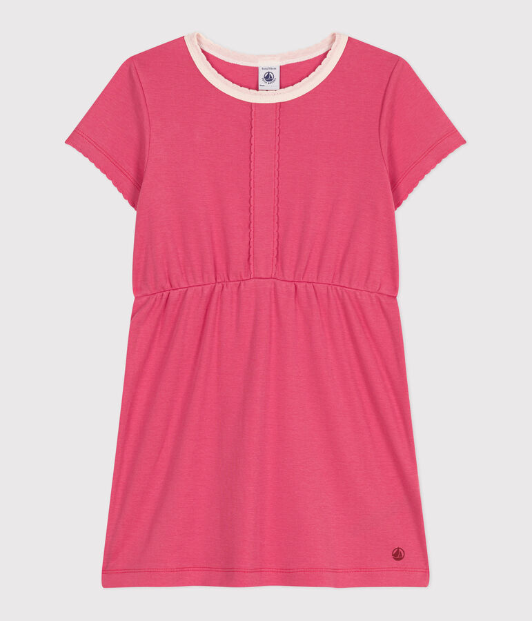 Robe enfant en coton manches courtes uni rose PEONIA