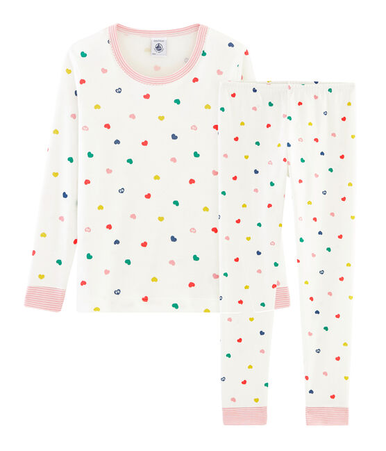 Pyjama petite fille coupe très ajustée en côte blanc MARSHMALLOW/blanc MULTICO