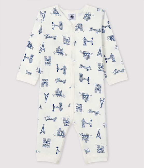 Slaappakje zonder voetjes van ribstof Paris voor baby wit MARSHMALLOW/blauw MAJOR