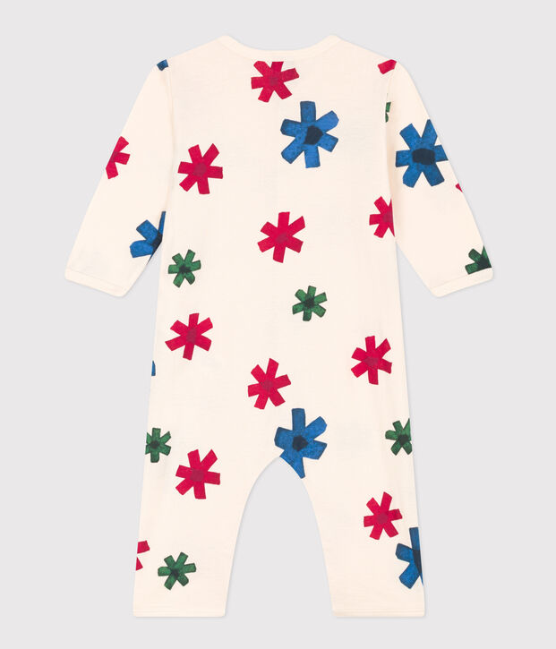 Katoenen babypyjama zonder voetjes met opdruk 'happy family' ecru/multicouleur