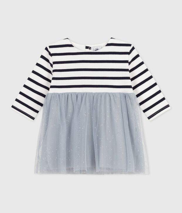 Jurk met lange mouwen van twee materialen voor baby's blauw/multicouleur