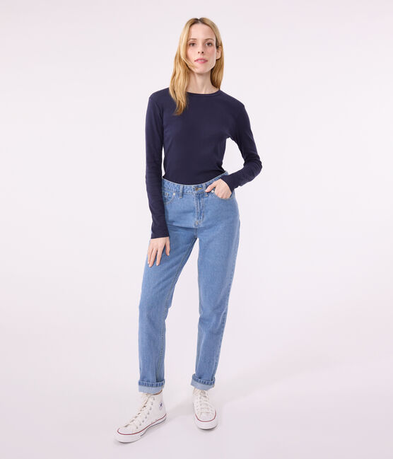 L'Iconique, T-shirt met lange mouw van effen ribstof voor dames blauw SMOKING