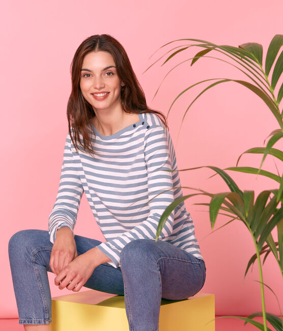 Dames_t-shirt met lange mouwen blauw FONTAINE/wit MARSHMALLOW