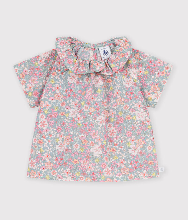 Katoenen babybloesje met korte mouwen en bloemetjesprint blauw/multicouleur