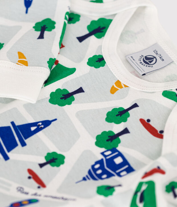 Katoenen babypyjama zonder voetjes met Parijsprint wit/blauw