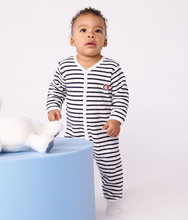 Katoenen babypyjama zonder voetjes met streepjesprint ecru/blauw