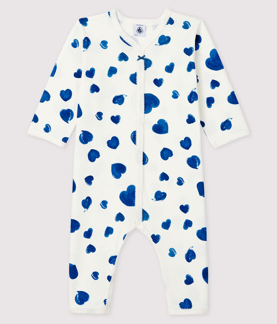 Dors-bien à cœurs bleus sans pieds bébé fille en côte blanc MARSHMALLOW/blanc MULTICO