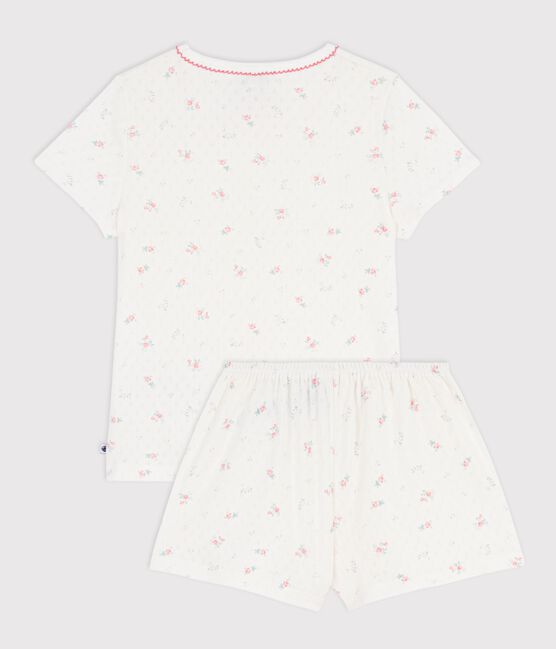 Korte kinderpyjama van ajourkatoen met bloemenprint wit MARSHMALLOW/wit MULTICO