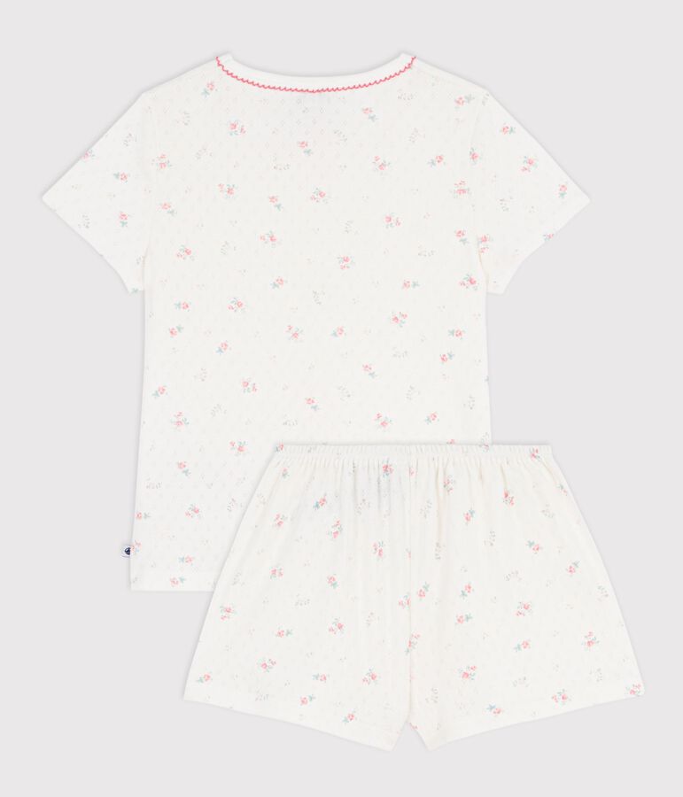 Korte kinderpyjama van ajourkatoen met bloemenprint wit/multicouleur