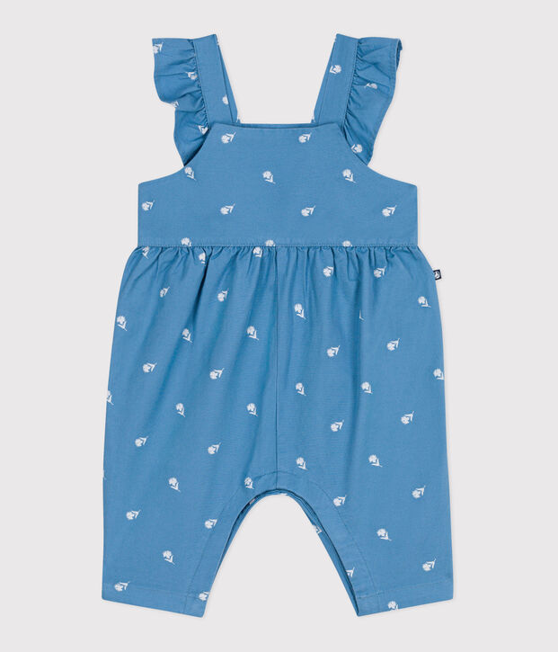 Salopette b&eacute;b&eacute; en coton jambes longues, brod&eacute;e de fleurs bleu/blanc