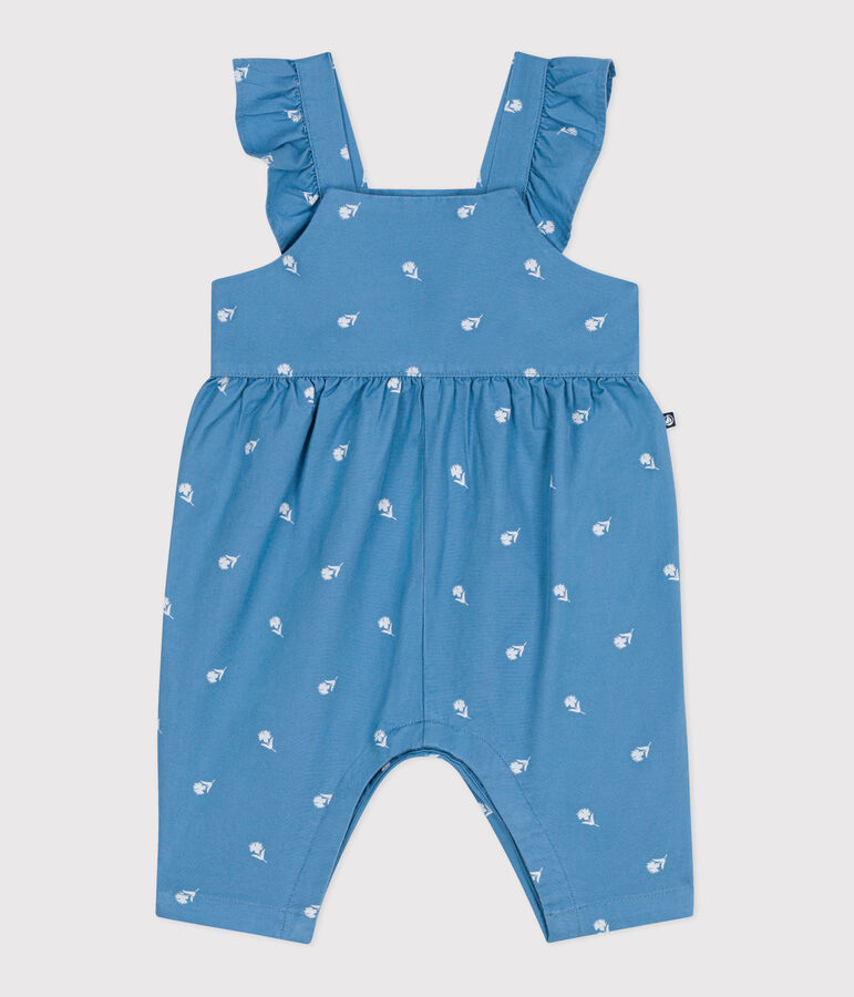 Katoenen babysalopette met lange pijpen en geborduurde bloemetjes blauw/wit