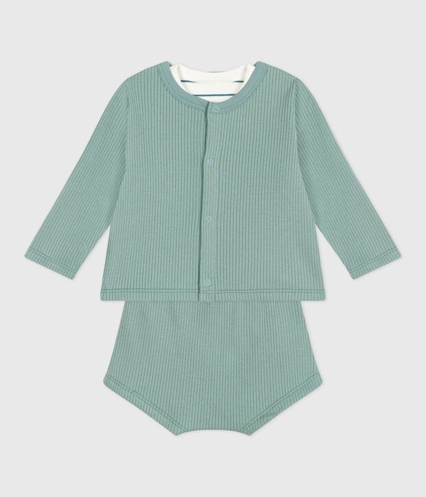 Ensemble naissance trois pi&egrave;ces en coton et tee-shirt ray&eacute; citron vert/multicouleur