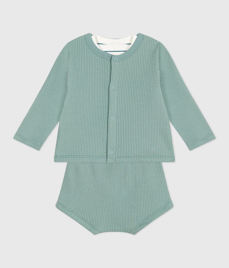 Ensemble naissance trois pi&egrave;ces en coton et t-shirt ray&eacute; citron vert/multicouleur