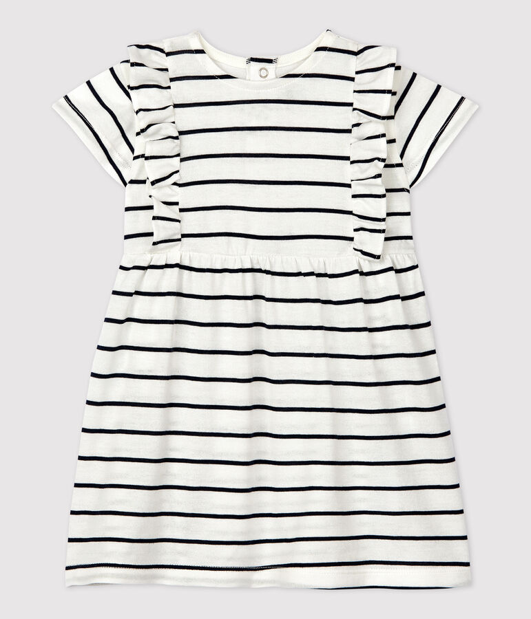 Robe manches courtes ray&eacute;e en jersey b&eacute;b&eacute; blanc/bleu