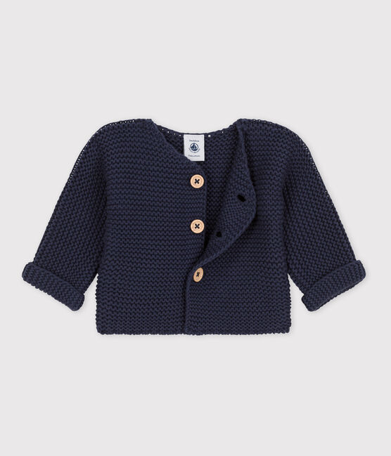 Cardigan bébé tricot point mousse en coton bleu SMOKING