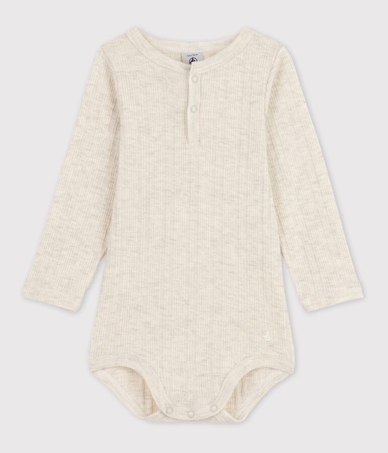 Katoenen body met lange mouwen en Tunesische hals voor baby's beige