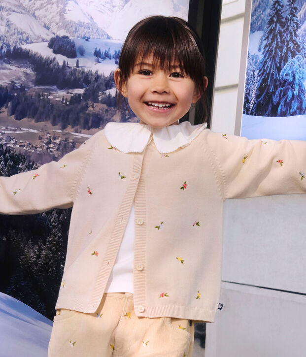 Cardigan in wol en katoen met geborduurde motieven voor kinderen ecru/multicouleur