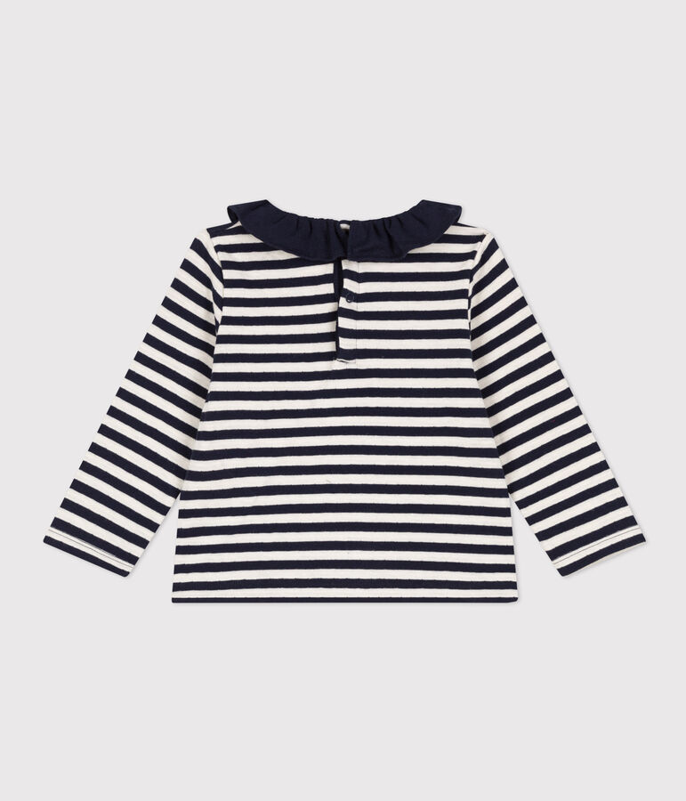 Babybloesje met lange mouwen in tubic blauw/ecru