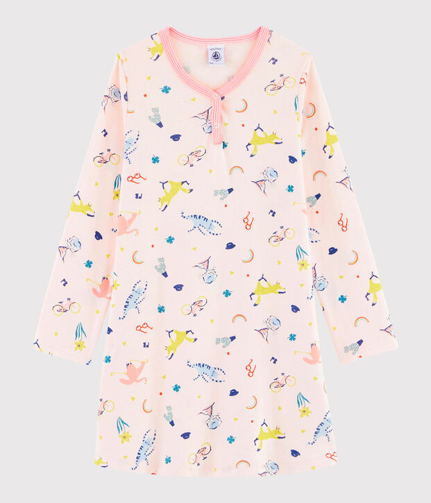 Meisjesnachthemd van ribtricot met fantasieprint roze/multicouleur