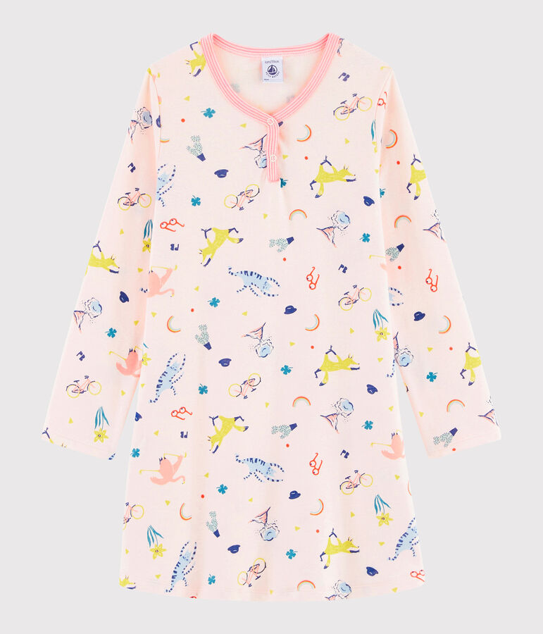 Meisjesnachthemd van ribtricot met fantasieprint roze FLEUR/wit MULTICO