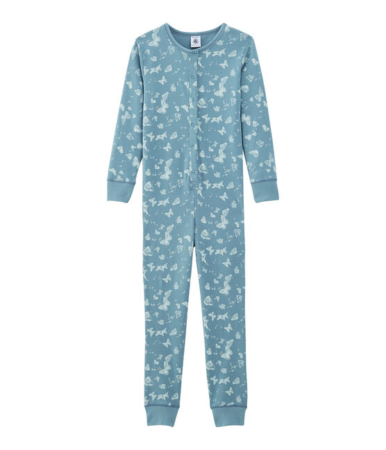 Lange jumpsuit voor kleine meisjes van katoen blauw FONTAINE/wit MARSHMALLOW