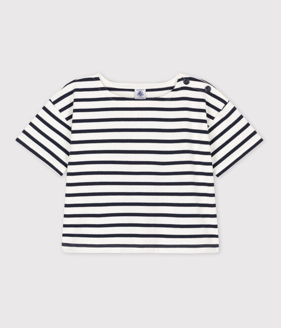 Gestreept katoenen T-shirt met korte mouwen voor meisjes wit MARSHMALLOW/blauw SMOKING