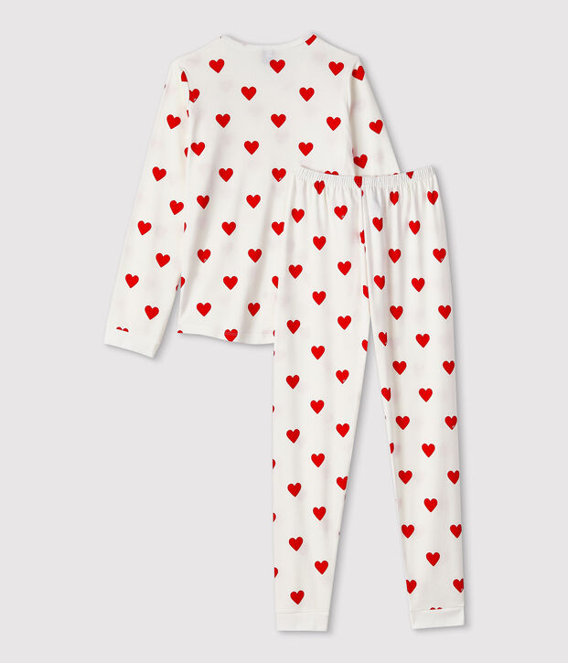 Kinderpyjama van ribtricot met hartjesprint wit/rood