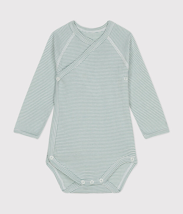Body crois&eacute;s manches longues en coton b&eacute;b&eacute; vert/blanc