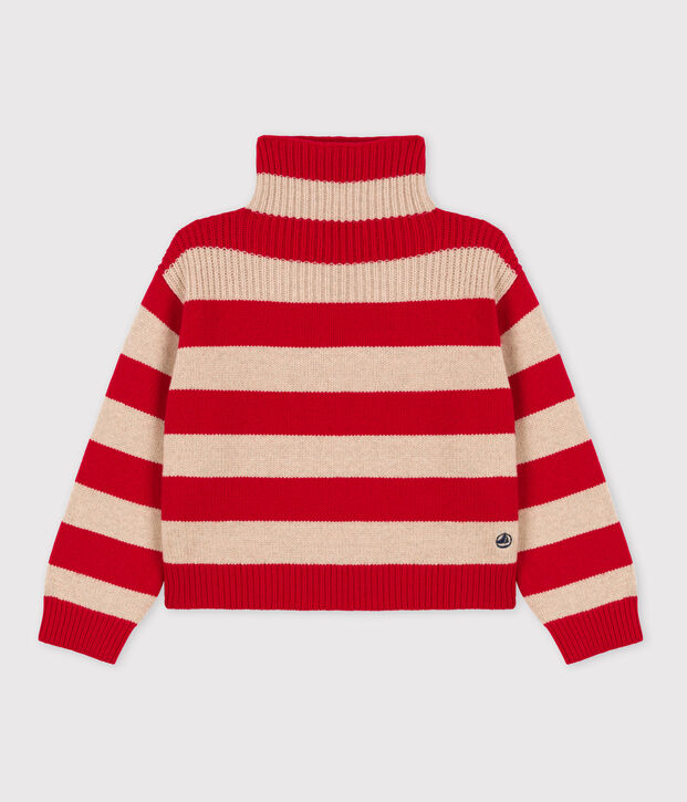 Gestreepte jongenstrui in katoen en wol beige/rood