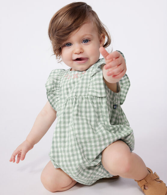 Mouwloos katoenen babyspeelpakje met vichyrpint en geborduurd kraagje blauw PAUL/wit MARSHMALLOW