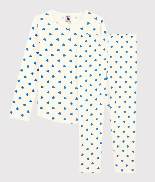 Pyjama c&oelig;urs bleus petite fille en coton blanc/bleu