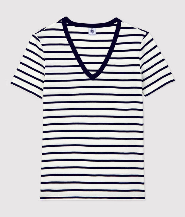 L'ICONIQUE, dames-T-shirt met V-hals in katoen wit/blauw