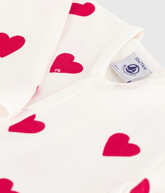 Babypyjama van geruwde fleece met kraag en hartjesprint wit MARSHMALLOW/rood TERKUIT