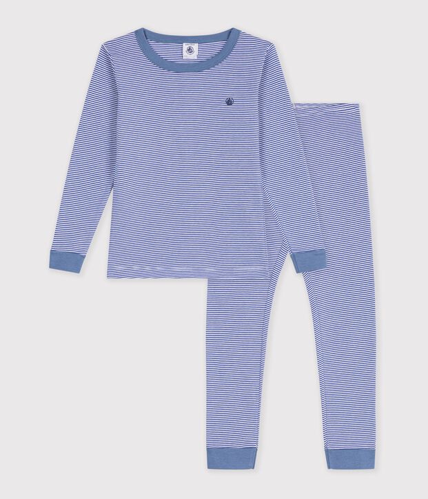 Pyjama tr&egrave;s ajust&eacute; enfant en coton &agrave; rayures bleu/blanc