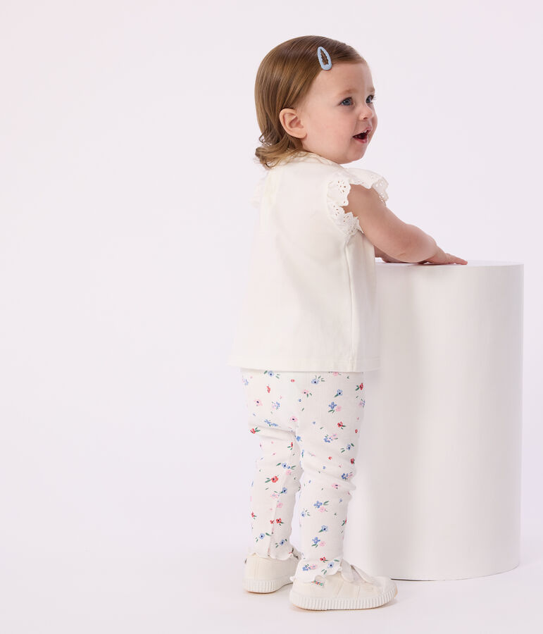 Legging b&eacute;b&eacute; en coton, imprim&eacute; fleurs blanc MARSHMALLOW/blanc MULTICO