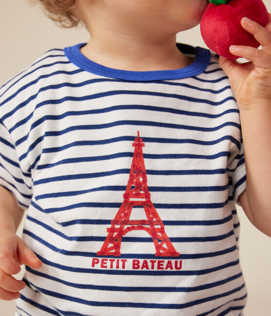 T-shirt met korte mouw van dunne jersey voor baby's wit MARSHMALLOW/blauw MEDIEVAL