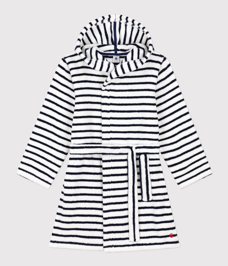 Gestreepte badjas in badstof voor meisjes/jongens wit LAIT/blauw MEDIEVAL