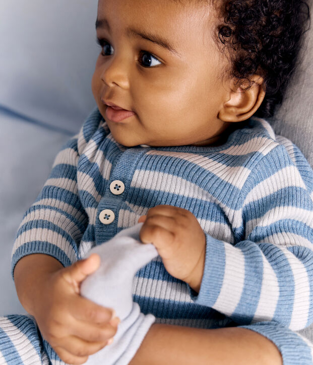 Gestreept babypakje in breiwerk van wol en katoen blauw/blauw