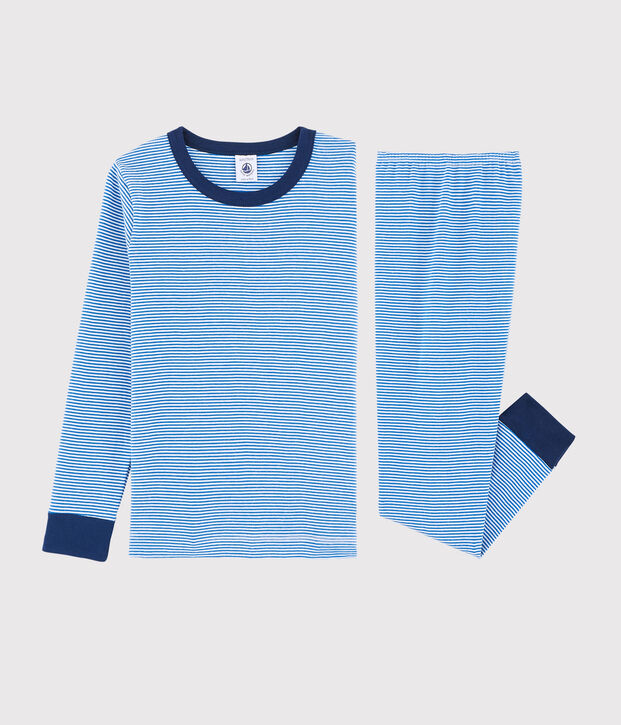 Pyjama milleraies bleu petit gar&ccedil;on en c&ocirc;te bleu/blanc