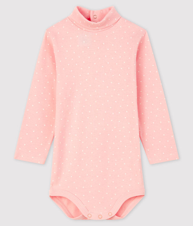 Babybody met lange mouwen en rolkraag roze/wit