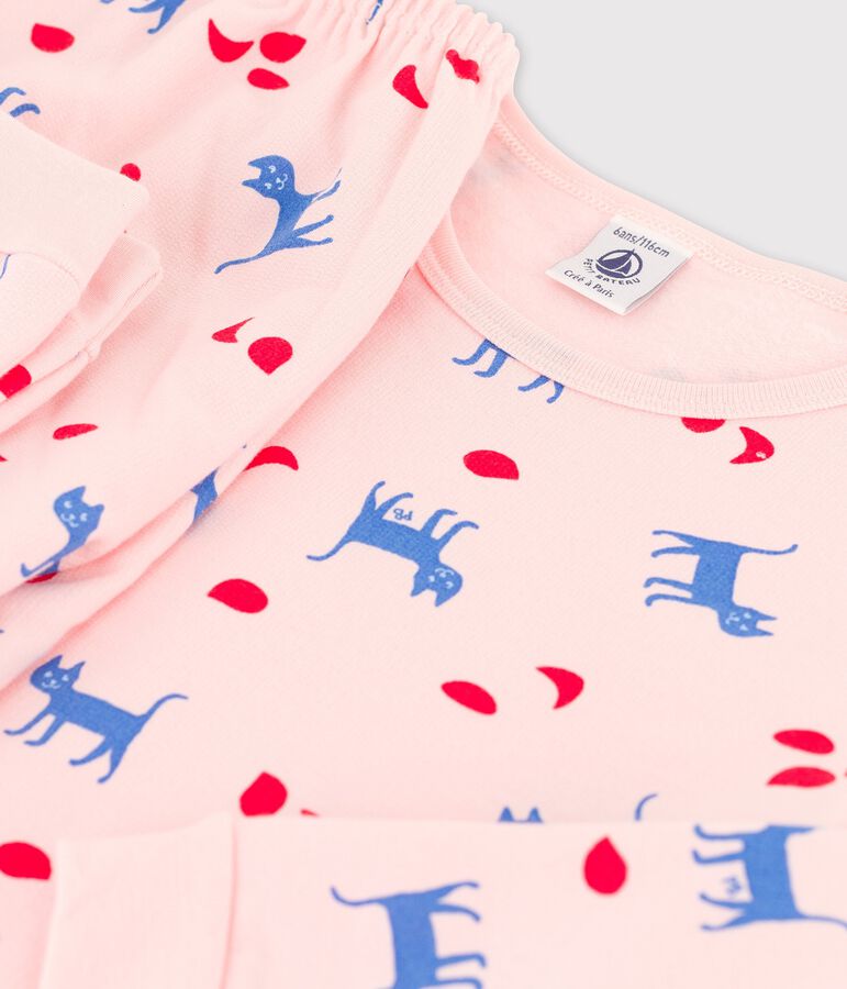 Meisjespyjama met kattenprint in katoen roze MINOIS/wit MULTICO