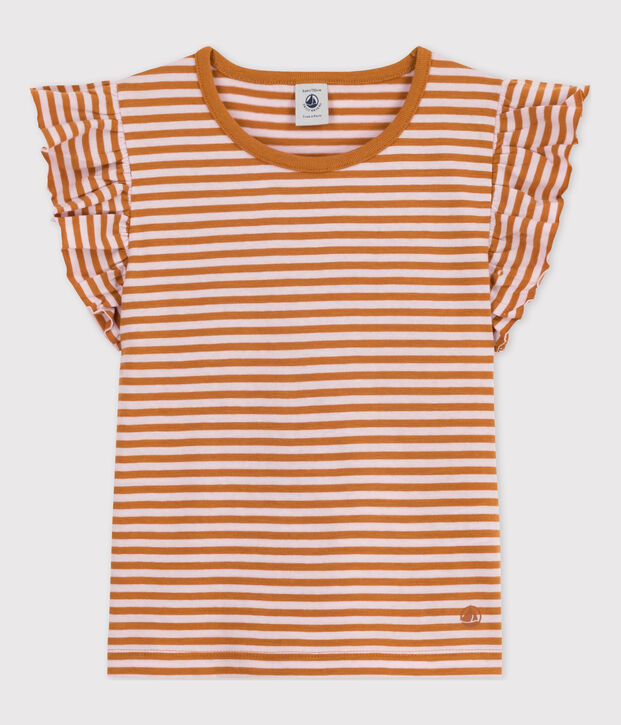 Tee-shirt ray&eacute; en coton enfant fille marron/rose