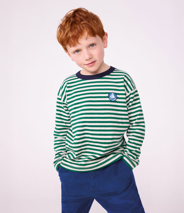 Katoenen T-shirt met lange mouwen en strepen voor kinderen groen/beige/groen