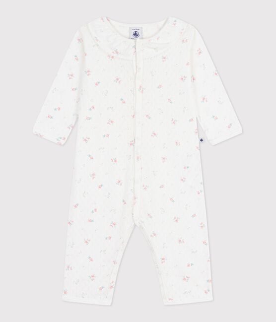 Babypyjama van opengewerkte katoen zonder voetjes met kraag met bloemenprint wit MARSHMALLOW/wit MULTICO