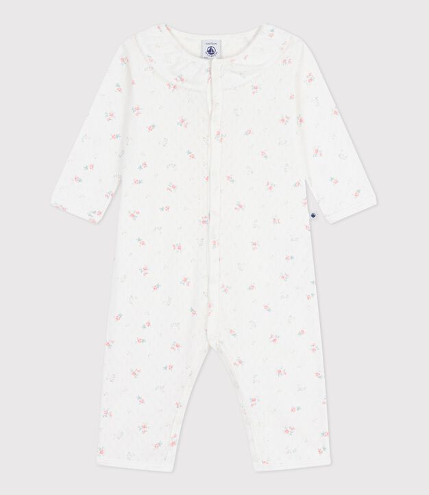 Babypyjama van opengewerkte katoen zonder voetjes met kraag met bloemenprint wit/multicouleur