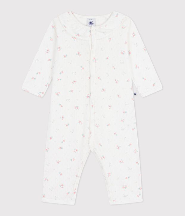 Pyjama b&eacute;b&eacute; en coton ajour&eacute; sans pieds avec col imprim&eacute; fleuri blanc/multicouleur