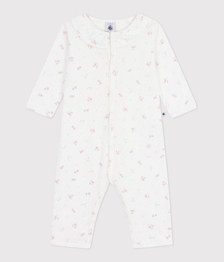 Pyjama b&eacute;b&eacute; en coton ajour&eacute; sans pieds avec col imprim&eacute; fleuri blanc/multicouleur
